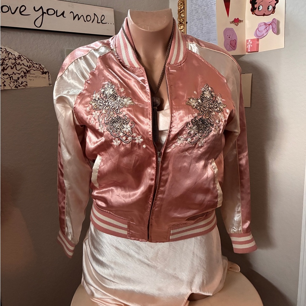 Satin Embroidered Bomber Jacket - Pink/Champagne